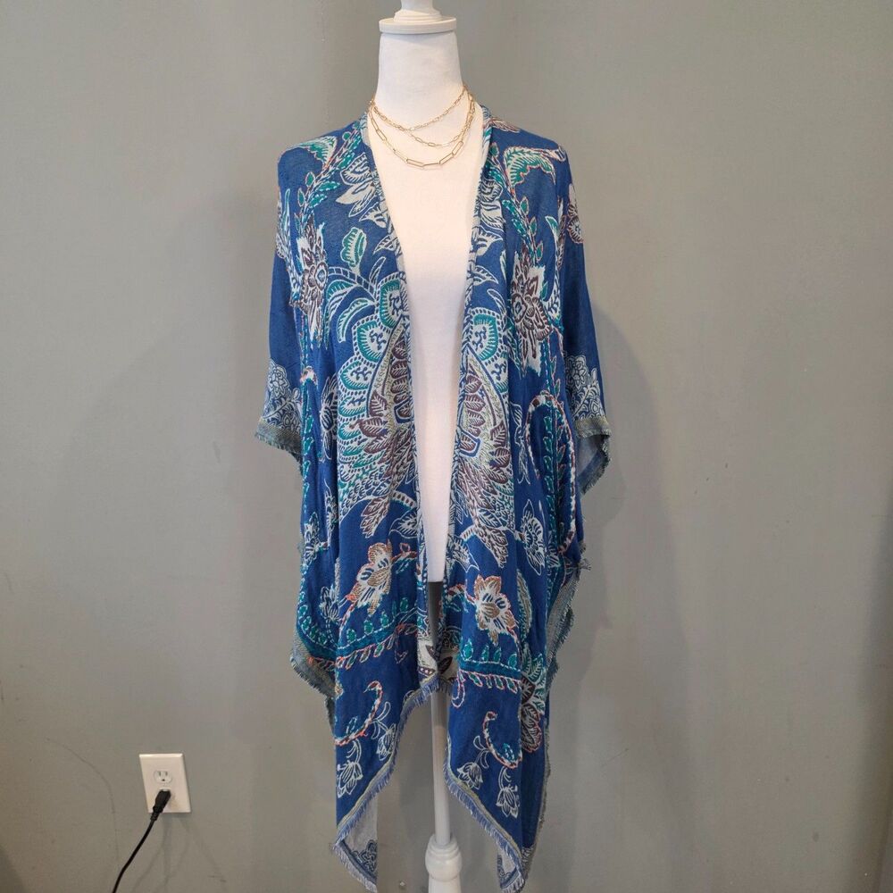 Chico's Open Waterfall Knit Cardigan. OS. Blue Paisley Floral Cottage Fairy Boho